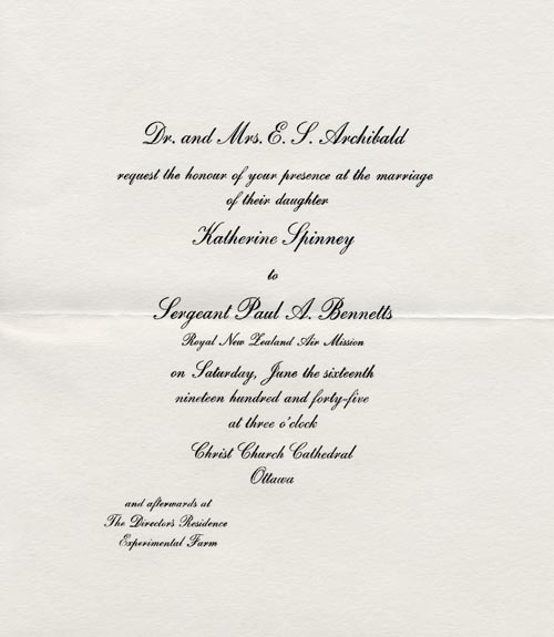 Wartime wedding invitation Canadian Kathy Archibald and New Zealander Paul