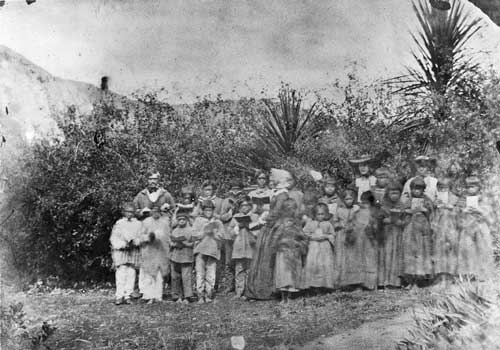Ellen Spencer and children of the Te Wairoa mission school (1st of 2)