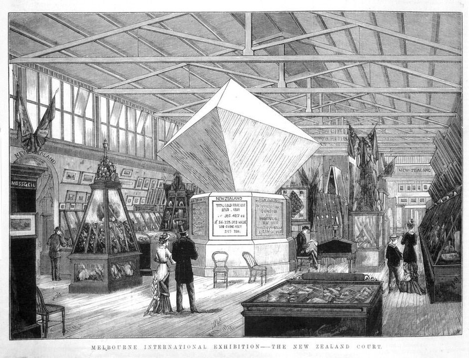 The New Zealand Court, Melbourne International Exhibition, Australia, 1880–81. Lithograph by David Syme and Co. 1880