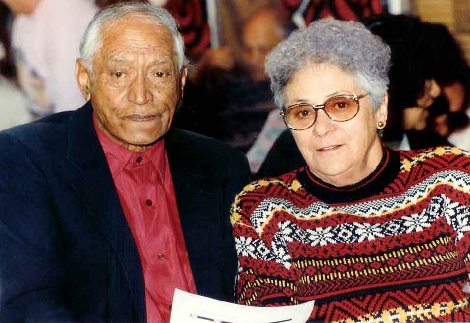 Ngāti Awa kaumātua Pokai Waiari and Ngāhuia Rowson at a Ngāti Awa raupatu hearing before the Waitangi Tribunal, Te Whare o Toroa Marae, Whakatāne, July 1994.
