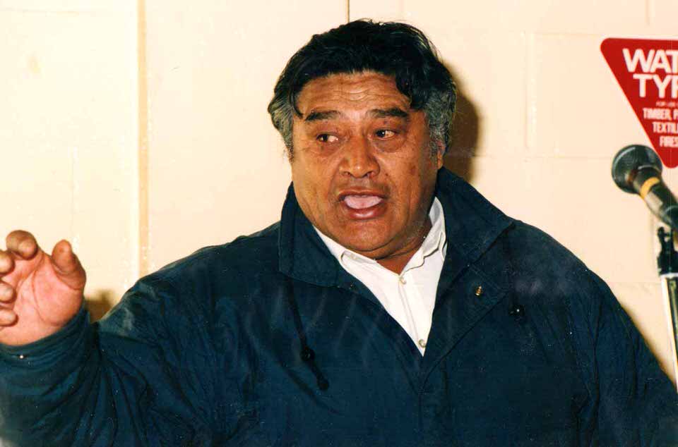 Ngāti Awa master carver Te Hau Tutua speaking at the tribal hearing at Te Whare o Toroa Marae, Whakatāne, 6 July 1994. Te Hau repaired and replaced many carved panels on Mataatua wharenui.