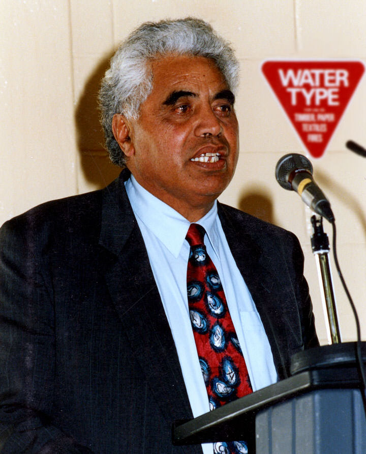 Joe Mason speaks at a Ngāti Awa raupatu hearing, July 1994. Joe worked many years for Te Rūnanga o Ngāti Awa, starting off as the Runanga’s first secretary (an unpaid position at the time).