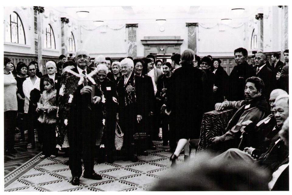 Ngāti Awa gather in Parliament for the signing of the Ngāti Awa Deed of Settlement, 2003. Image supplied by <a href='https://www.ngatiawa.iwi.nz/'>Te Rūnanga o Ngāti Awa</a>