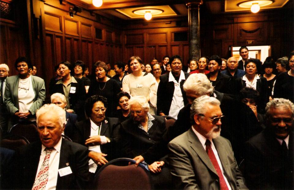 Ngāti Awa gather in Parliament for the signing of the Ngāti Awa Deed of Settlement, 2003. Image supplied by <a href='https://www.ngatiawa.iwi.nz/'>Te Rūnanga o Ngāti Awa</a>