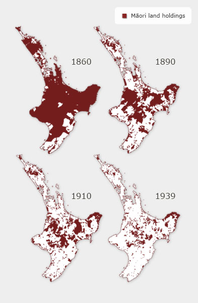 Four images of the North Island which show the decline of Māori landholding.