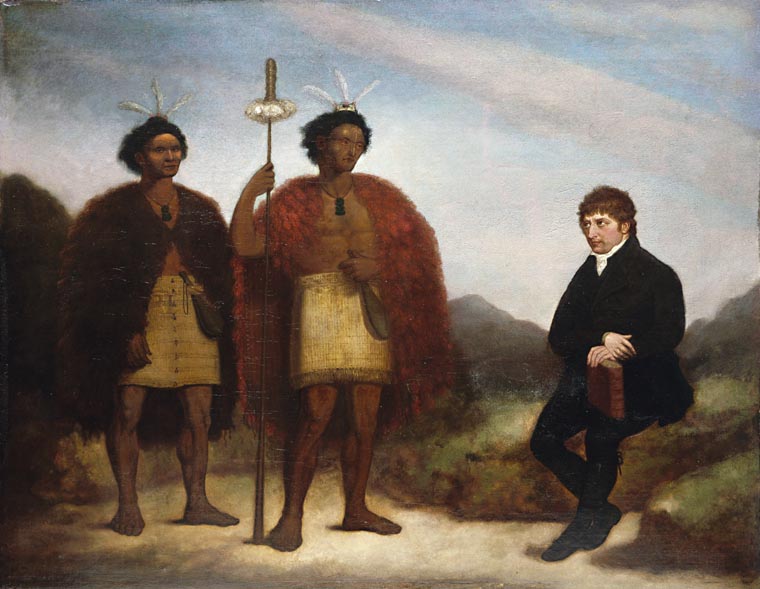 Painting of a seated missionary with two chiefs standing.