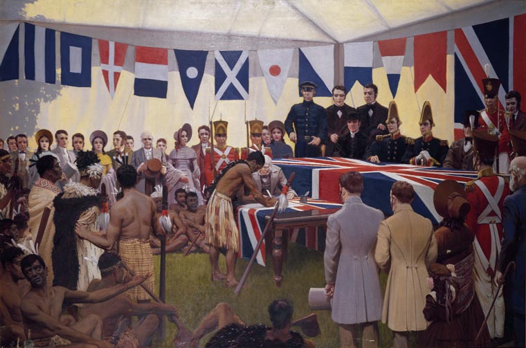 Painting depicting the signing of the Treaty of Waitangi.