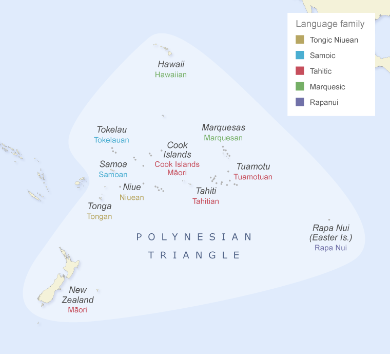 Map showing Pacific islands with their language groups.